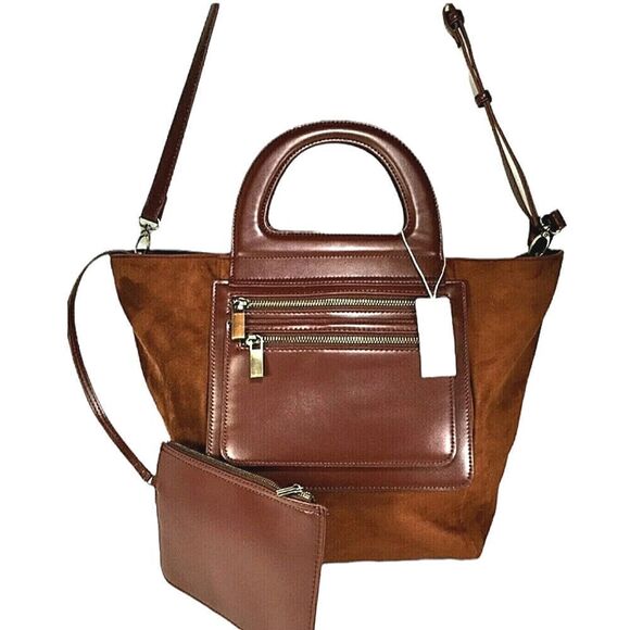 Anthroplogie Brown Faux Suede Leather Crossbody Tote Satche - Picture 1 of 10